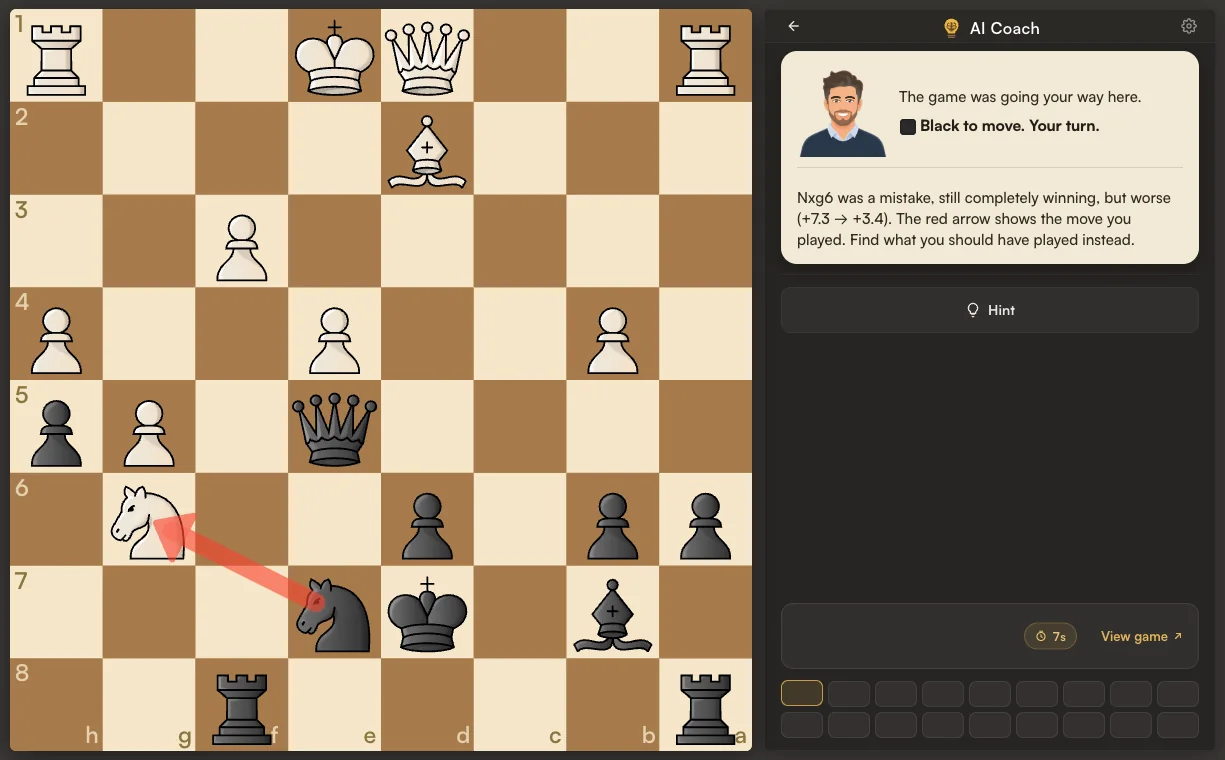 A position in the AI Coach daily session, Black to move: the coach says the game was going your way here, the move you played is drawn as a red arrow, and you are asked to find what you should have played instead, with a Hint button and a strip showing progress through the session.