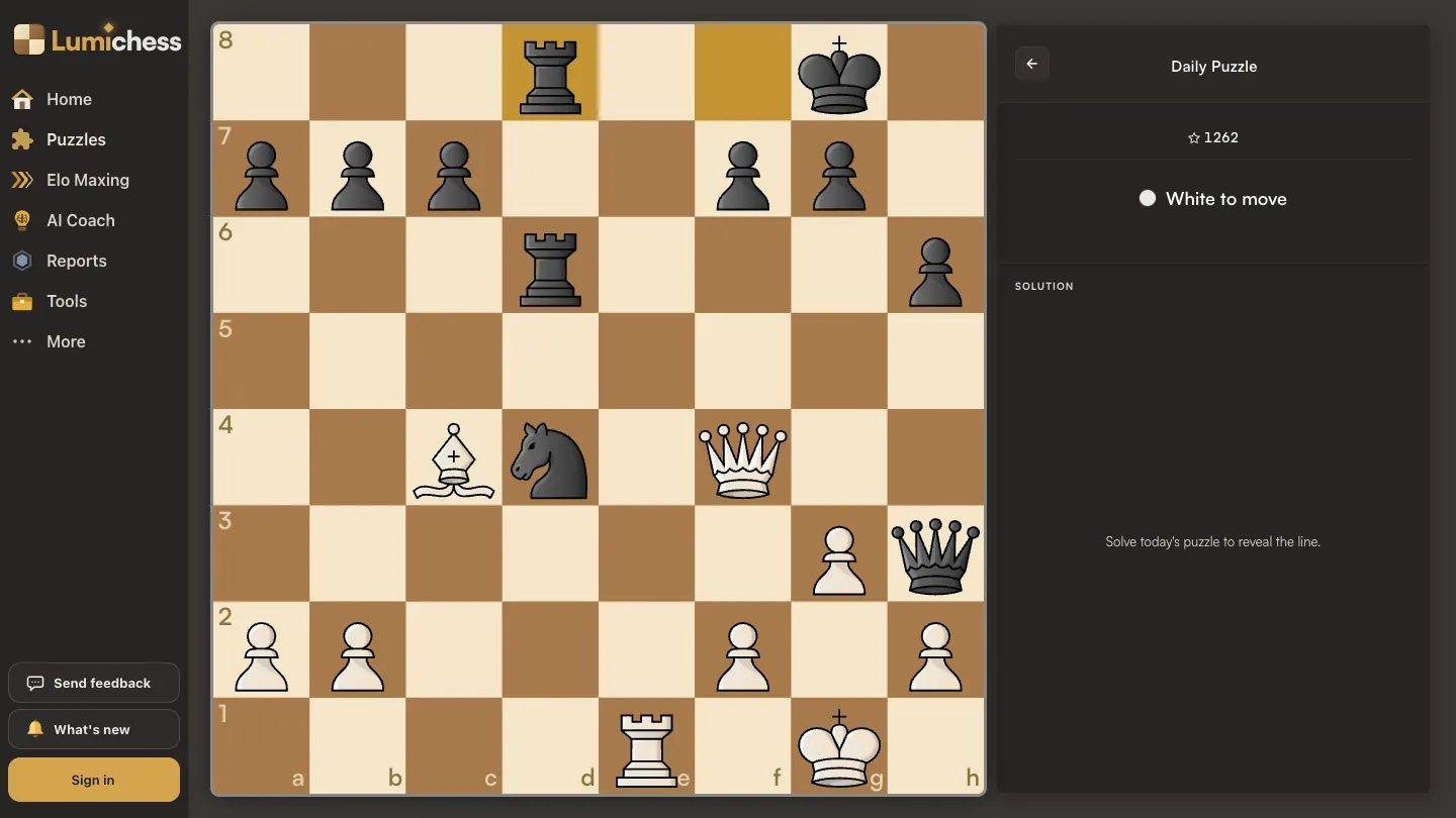 The Lumichess Daily Puzzle for 23 September 2026, rated 1262, White to move: White queen on f4, bishop on c4, rook on e1 and king on g1; Black king on g8, rooks on d8 and d6, knight on d4 and queen on h3, with the rook's move from f8 to d8 highlighted.