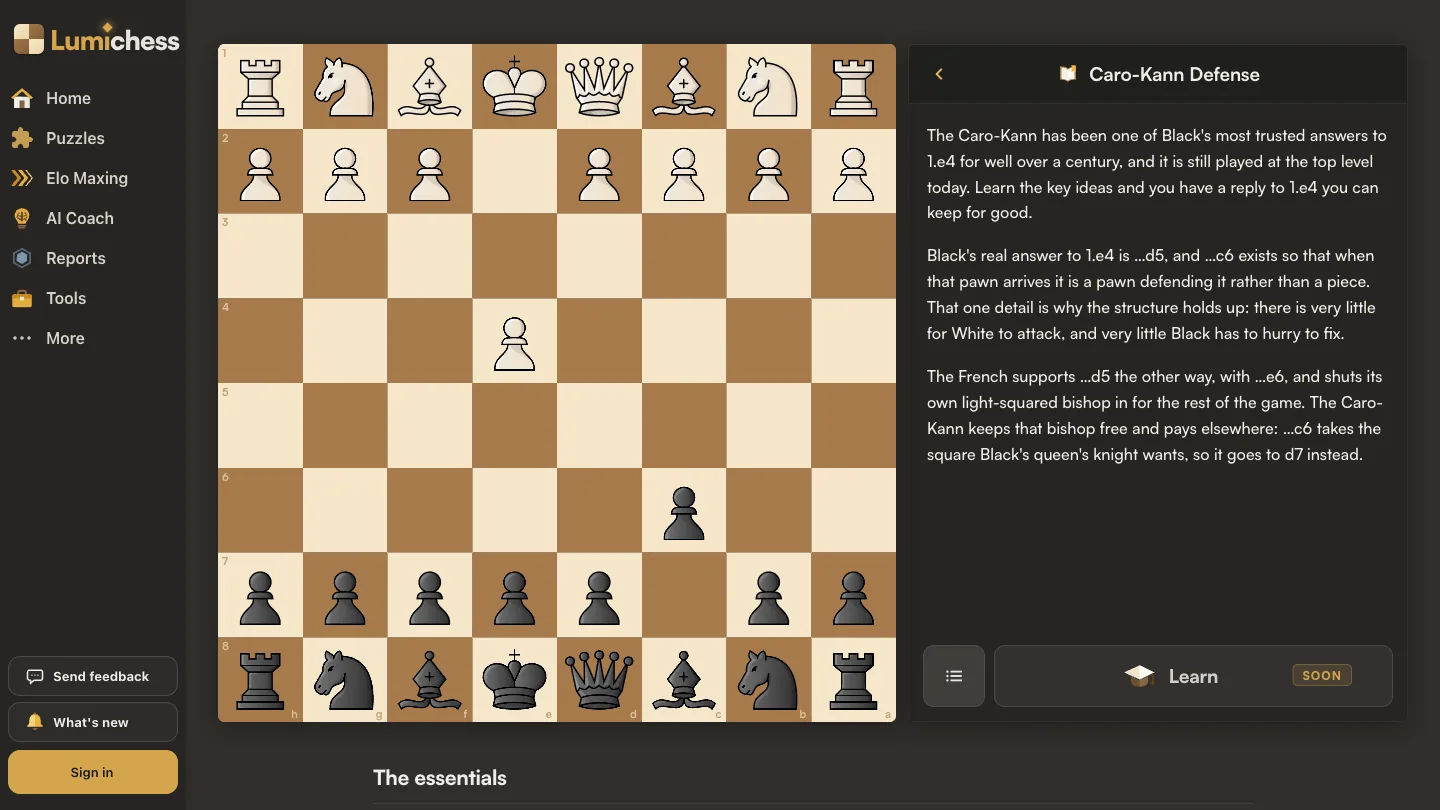 The Lumichess Caro-Kann Defense page: the board after 1.e4 c6 seen from Black's side, and a written explanation of why ...c6 prepares ...d5 with a pawn and how the Caro-Kann differs from the French.