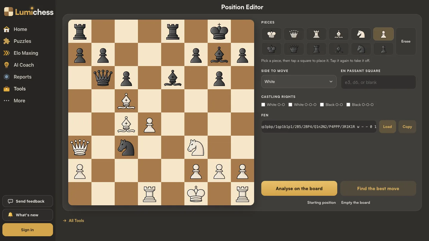 The Lumichess Position Editor with the Byrne against Fischer position after 17...Be6 loaded from its FEN: the board, piece palette, side to move set to White, no castling rights ticked, and the FEN shown with Load and Copy buttons.