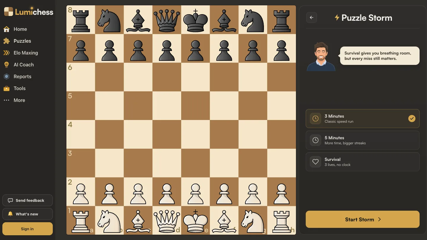 The Lumichess Puzzle Storm start screen with three formats: 3 Minutes, classic speed run; 5 Minutes, more time, bigger streaks; and Survival, 3 lives, no clock; and a Start Storm button.