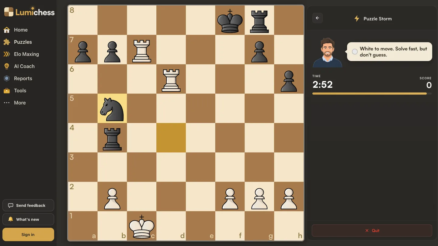 A Puzzle Storm run in progress, White to move, 2:52 on the clock and a score of 0: White rooks on c7 and d6, Black king on f8 and rook on g8, and a black knight that has just arrived on b5 from d4.